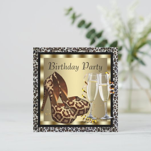 ハイヒールとコクテールとレオパードの女性の誕生日 招待状 (スタンド正面)