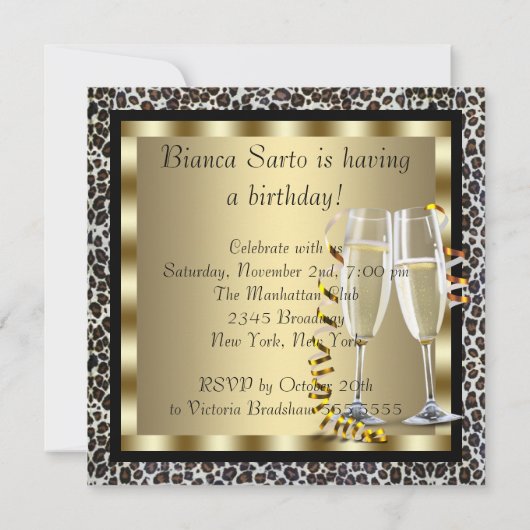 ハイヒールとコクテールとレオパードの女性の誕生日 招待状 (裏面)