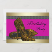 ハイヒールとフクシアのホットピンクのレオパードの誕生日 招待状 (正面)
