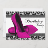 ハイヒールとホットピンクのヒョウ柄の誕生日パーティー 招待状 (正面)
