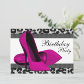 ハイヒールとホットピンクのヒョウ柄の誕生日パーティー 招待状 (スタンド正面)