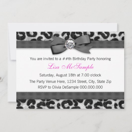 ハイヒールとホットピンクのヒョウ柄の誕生日パーティー 招待状 (裏面)