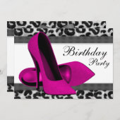 ハイヒールとホットピンクのヒョウ柄の誕生日パーティー 招待状 (正面/裏面)