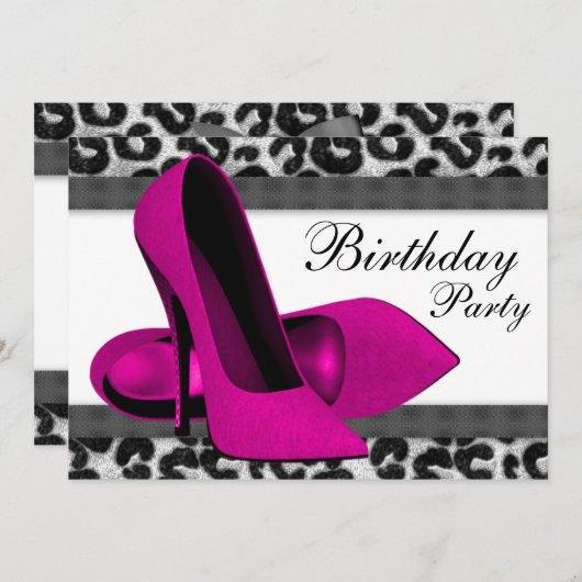 ハイヒールとホットピンクのヒョウ柄の誕生日パーティー 招待状 (正面/裏面)