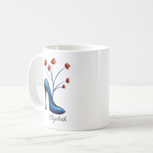 ハイヒールの靴および花の花束の芸術の名前 コーヒーマグカップ (正面左)