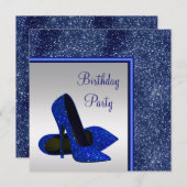 ハイヒールエレガントブルー王室のシルバーバースデーパーティー 招待状 (正面/裏面)