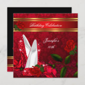 ハイヒールエレガントレッドローズブラック金ゴールド誕生日2 招待状 (正面/裏面)