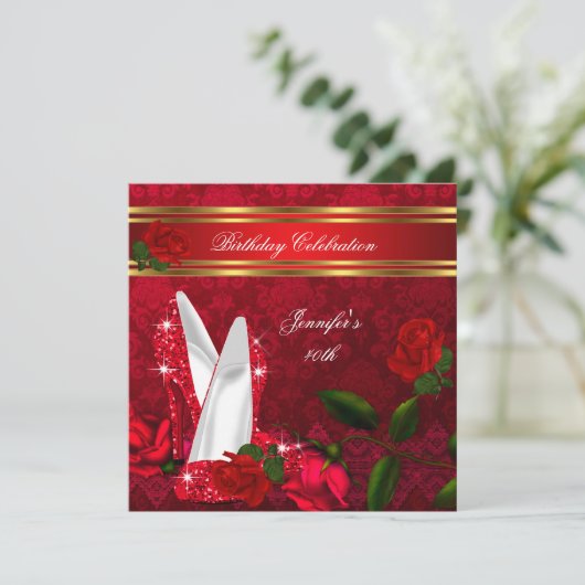 ハイヒールエレガントレッドローズブラック金ゴールド誕生日2 招待状 (スタンド正面)