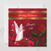 ハイヒールエレガントレッドローズブラック金ゴールド誕生日2 招待状 (正面)