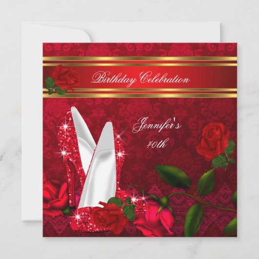 ハイヒールエレガントレッドローズブラック金ゴールド誕生日2 招待状 (正面)