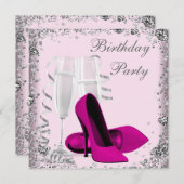 ハイヒールシャンパンピンクバースデーパーティー 招待状 (正面/裏面)