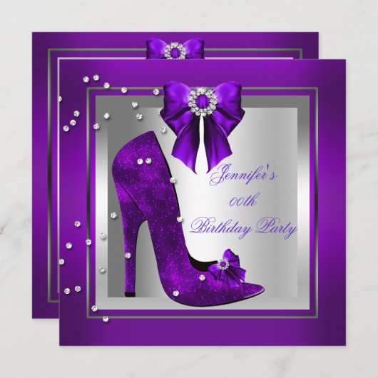 ハイヒールシューシルバーパープルバースデーパーティー 招待状 (正面/裏面)