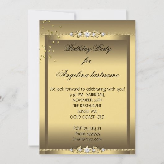 ハイヒールシューズシャンパーニュ金ゴールドバースデーパーティー 招待状 (裏面)