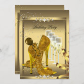 ハイヒールシューズシャンパーニュ金ゴールドバースデーパーティー 招待状 (正面/裏面)