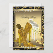ハイヒールシューズシャンパーニュ金ゴールドバースデーパーティー 招待状 (正面)
