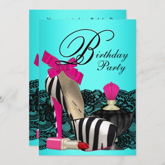 ハイヒールシューズティール(緑がかった色)ブルー&ピンクゼブラパーティー 招待状 (正面/裏面)