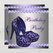 ハイヒールシューズパープルヒョウ誕生日パーティー 招待状 (正面/裏面)