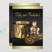 ハイヒールシューズヒョウ金ゴールド女性誕生日 招待状 (正面/裏面)