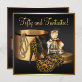 ハイヒールシューズヒョウ金ゴールド女性50誕生日 招待状 (正面/裏面)