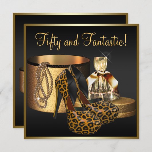 ハイヒールシューズヒョウ金ゴールド女性50誕生日 招待状 (正面/裏面)