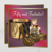 ハイヒールシューズヒョウ金ゴールド女性50誕生日 招待状 (正面/裏面)