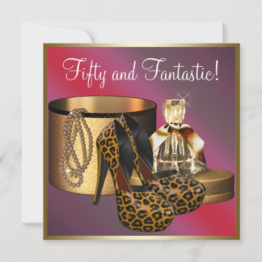 ハイヒールシューズヒョウ金ゴールド女性50誕生日 招待状 (正面)