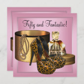 ハイヒールシューズヒョウ金ゴールド女性50誕生日 招待状 (正面/裏面)