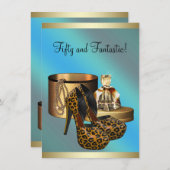 ハイヒールシューズヒョウ金ゴールド女性50誕生日 招待状 (正面/裏面)