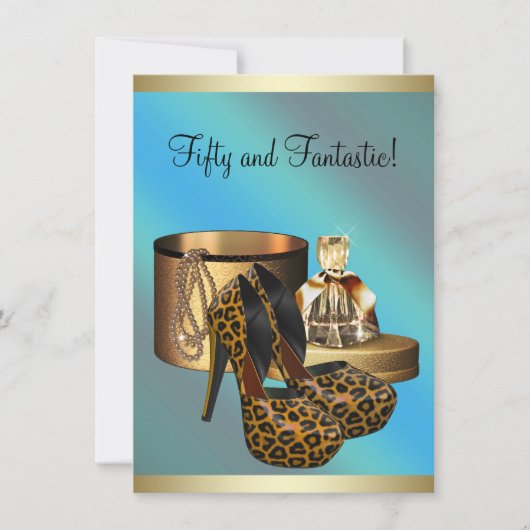 ハイヒールシューズヒョウ金ゴールド女性50誕生日 招待状 (正面)
