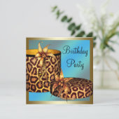 ハイヒールシューズヒョウ金ゴールド女性50誕生日 招待状 (スタンド正面)