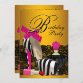 ハイヒールシューズピンクと金ゴールドピンクゼブラパーティー 招待状 (正面/裏面)