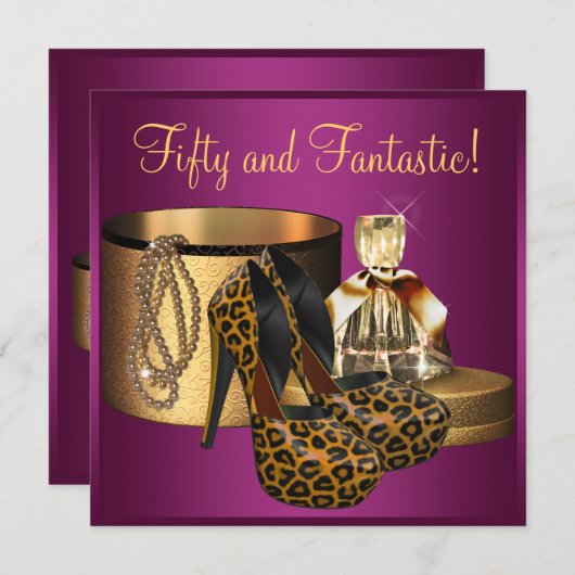 ハイヒールシューズピンクヒョウ女性50誕生日 招待状 (正面/裏面)