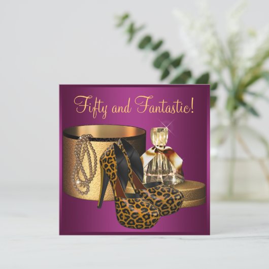 ハイヒールシューズピンクヒョウ女性50誕生日 招待状 (スタンド正面)