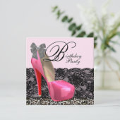 ハイヒールシューズピンクヒョウ誕生日パーティー 招待状 (スタンド正面)