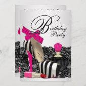 ハイヒールシューズホットピンクゼブラパーティー 招待状 (正面/裏面)