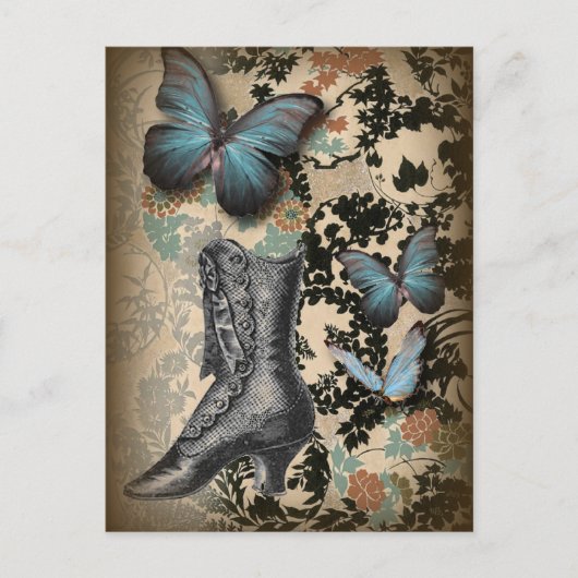 ハイヒールシューズラバーブラックフローラ ビクトリアン ポストカード (正面)