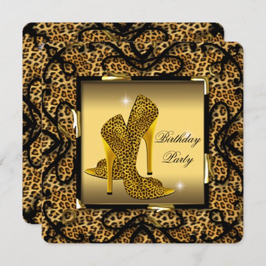 ハイヒールシューズワイルド金ゴールドヒョウ誕生日パーティー2 招待状 (正面/裏面)