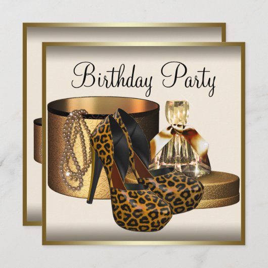ハイヒールシューズ女性クリーム金ゴールド誕生日 招待状 (正面/裏面)