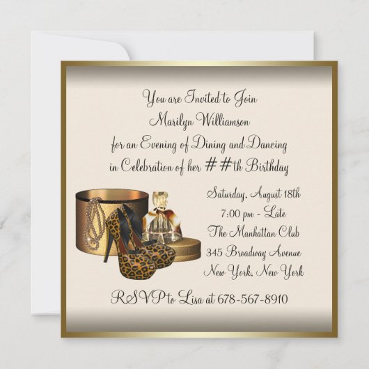 ハイヒールシューズ女性クリーム金ゴールド誕生日 招待状 (裏面)
