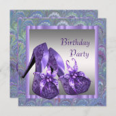 ハイヒールシューズ女性パープルバースデーパーティー 招待状 (正面/裏面)