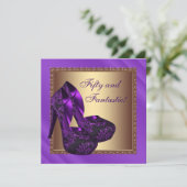 ハイヒールシューズ女性パープル金ゴールド誕生日パーティー 招待状 (スタンド正面)
