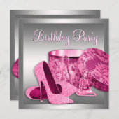 ハイヒールシューズ女性ピンクバースデーパーティー 招待状 (正面/裏面)