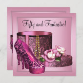 ハイヒールシューズ女性ピンクヒョウ50誕生日 招待状 (正面/裏面)