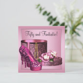 ハイヒールシューズ女性ピンクヒョウ50誕生日 招待状 (スタンド正面)