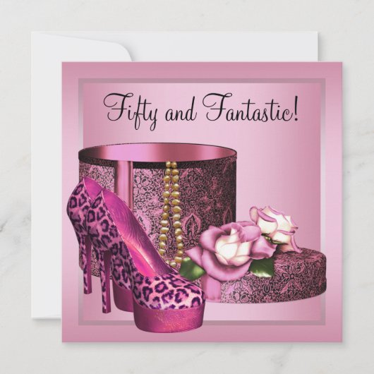 ハイヒールシューズ女性ピンクヒョウ50誕生日 招待状 (正面)