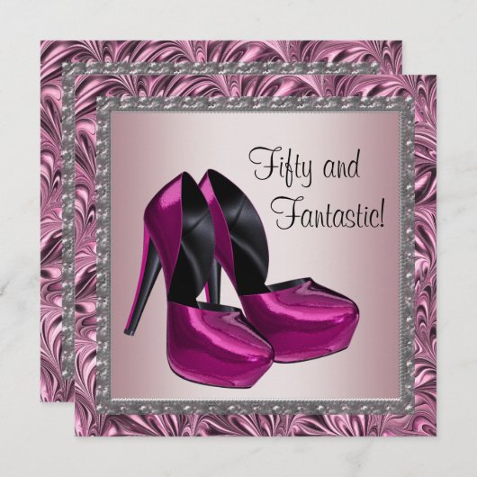 ハイヒールシューズ女性ピンクブラック50誕生日 招待状 (正面/裏面)
