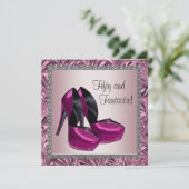 ハイヒールシューズ女性ピンクブラック50誕生日 招待状 (スタンド正面)