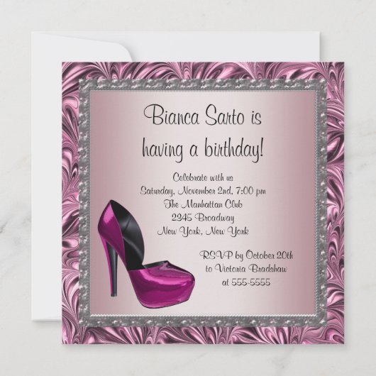 ハイヒールシューズ女性ピンクブラック50誕生日 招待状 (裏面)