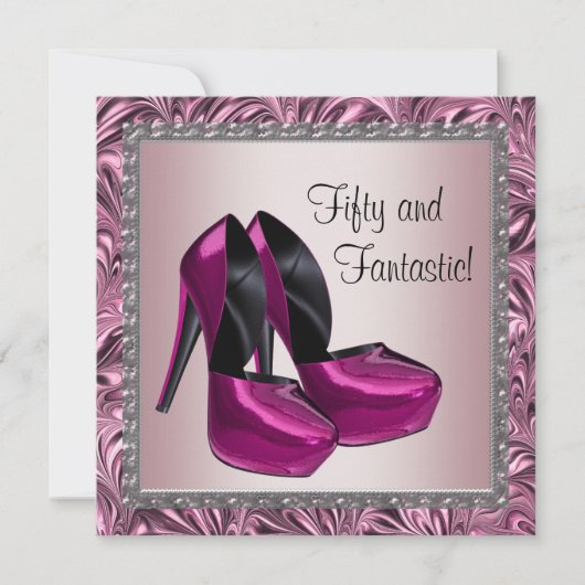 ハイヒールシューズ女性ピンクブラック50誕生日 招待状 (正面)