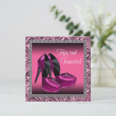 ハイヒールシューズ女性ピンクブラック50誕生日 招待状 (スタンド正面)